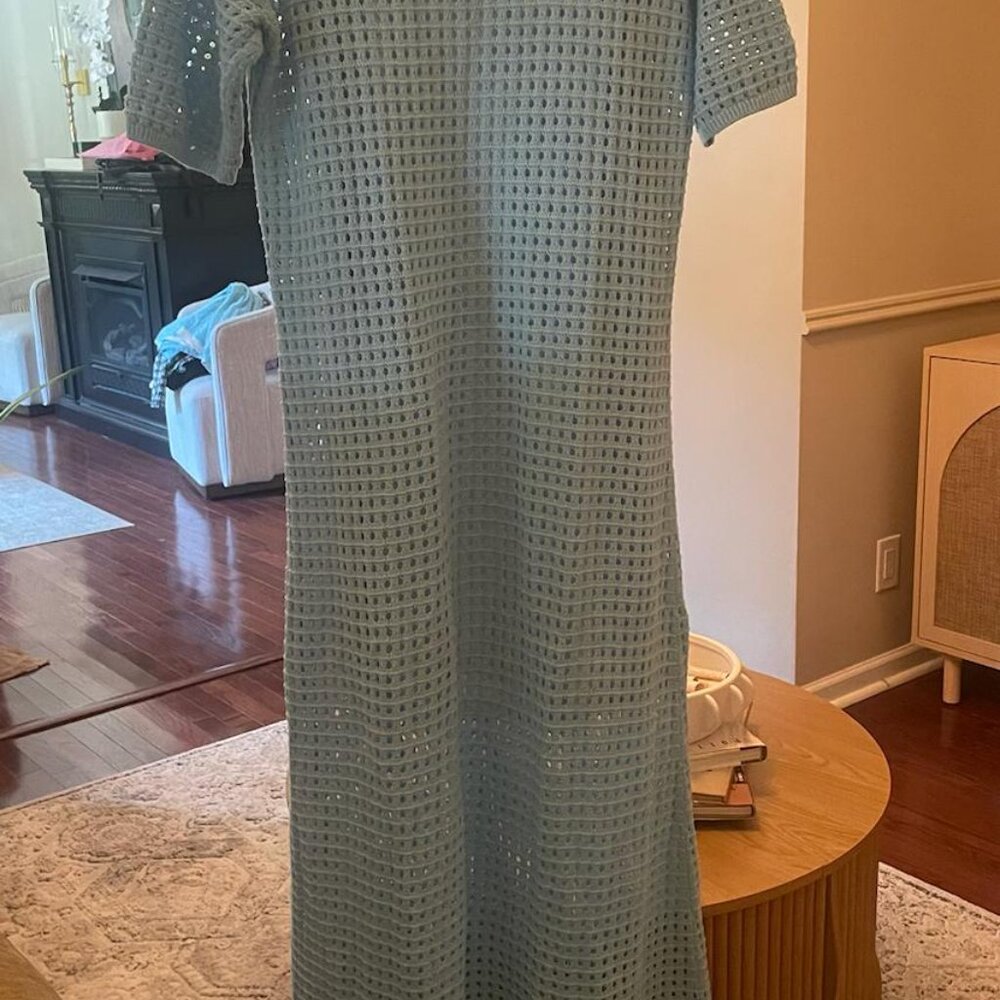 The Drop Open-Knit Maxi Sweater Dress - Light Blue, Size Large - Picture 3 of 6